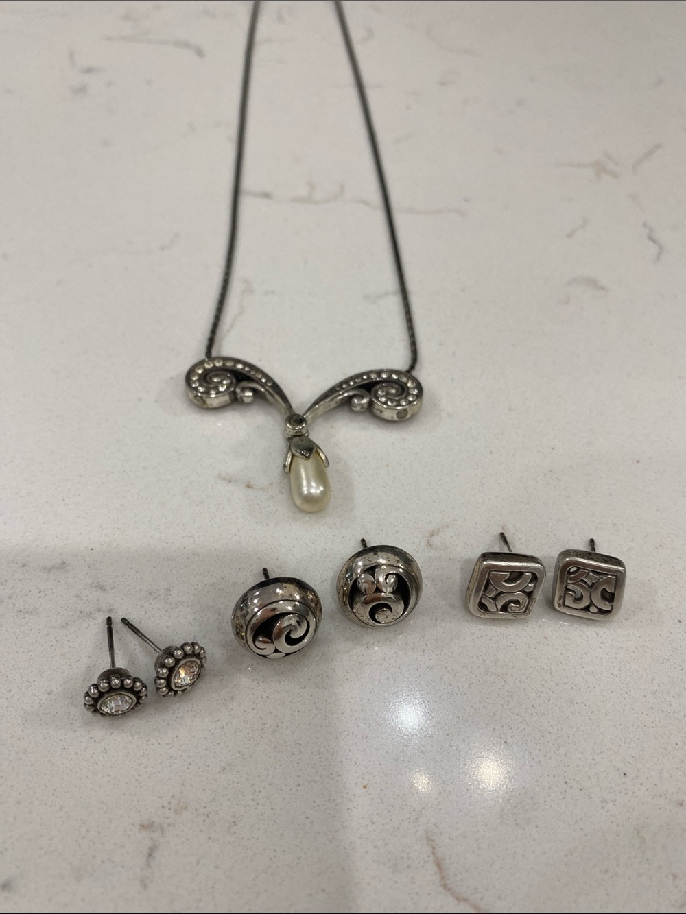 Vintage Brighton lot of4 Sterling Silver Pearl Drop Necklace and Earring Set -